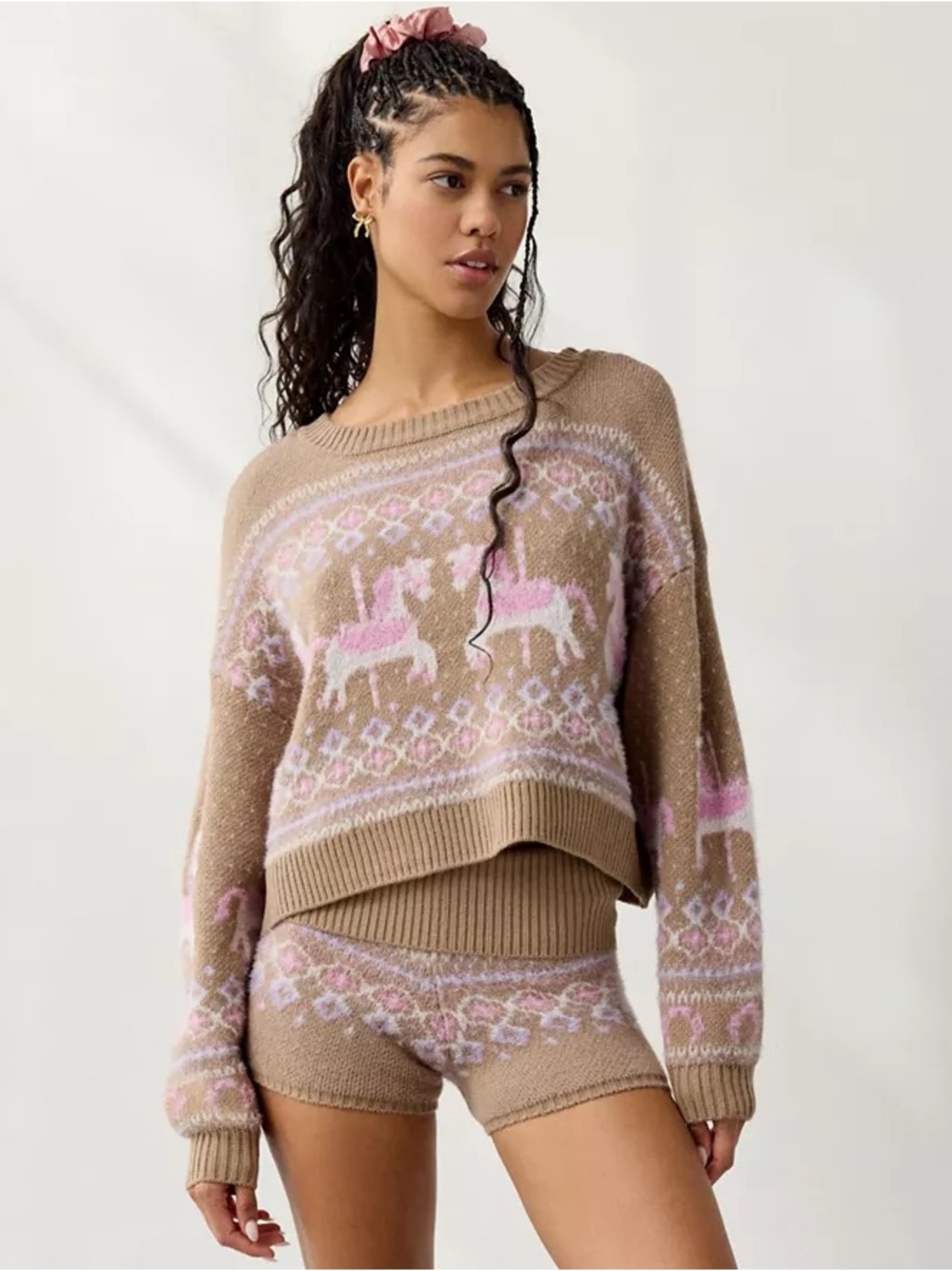 Urban Outfitters | Out From Under Hit The Slopes Cropped Fair Isle Sweater Brown